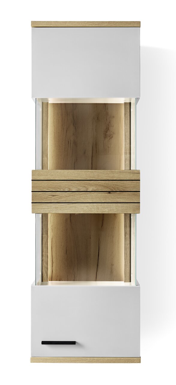 Hängevitrine aus Holz und Glas, frontale Ansicht