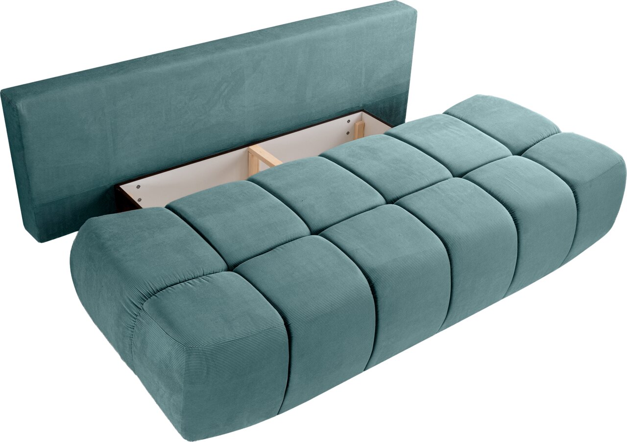 Schlafsofa in türkis mit geöffneter Stauraumfunktion, seitliche Perspektive