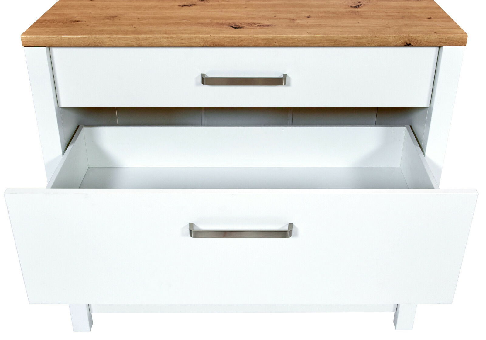 Schubkastenunterschrank SORBA aus weißem Holz mit zwei Schubladen, obere Schublade geschlossen, untere Schublade geöffnet, Ansicht von vorne