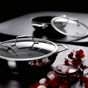 Edelstahl-Kochtopf mit Glasdeckel und Metallgriffen auf dunkler Oberfläche, im Vordergrund in schräger Seitenansicht; im Hintergrund weiterer Topf, daneben Knoblauch und rote Blüten.