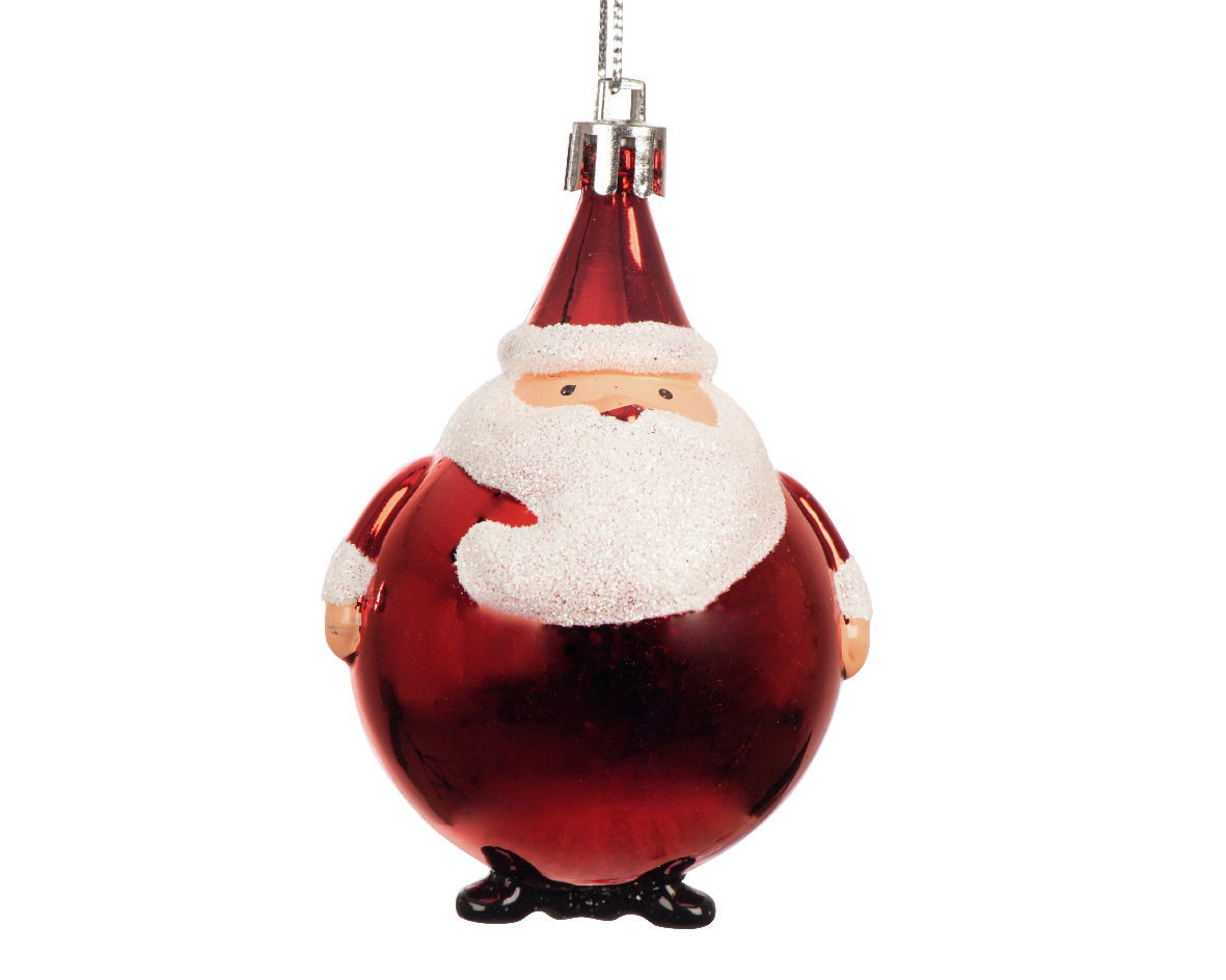 Weihnachtsbaumschmuck in Form eines runden Weihnachtsmanns, frontal fotografiert.