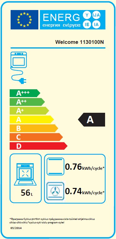Energieeffizienz-Label für ein Küchengerät mit der Klasse A, 56 Liter Volumen, Energieverbrauch von 0,76 kWh und 0,74 kWh pro Zyklus, frontale Ansicht.