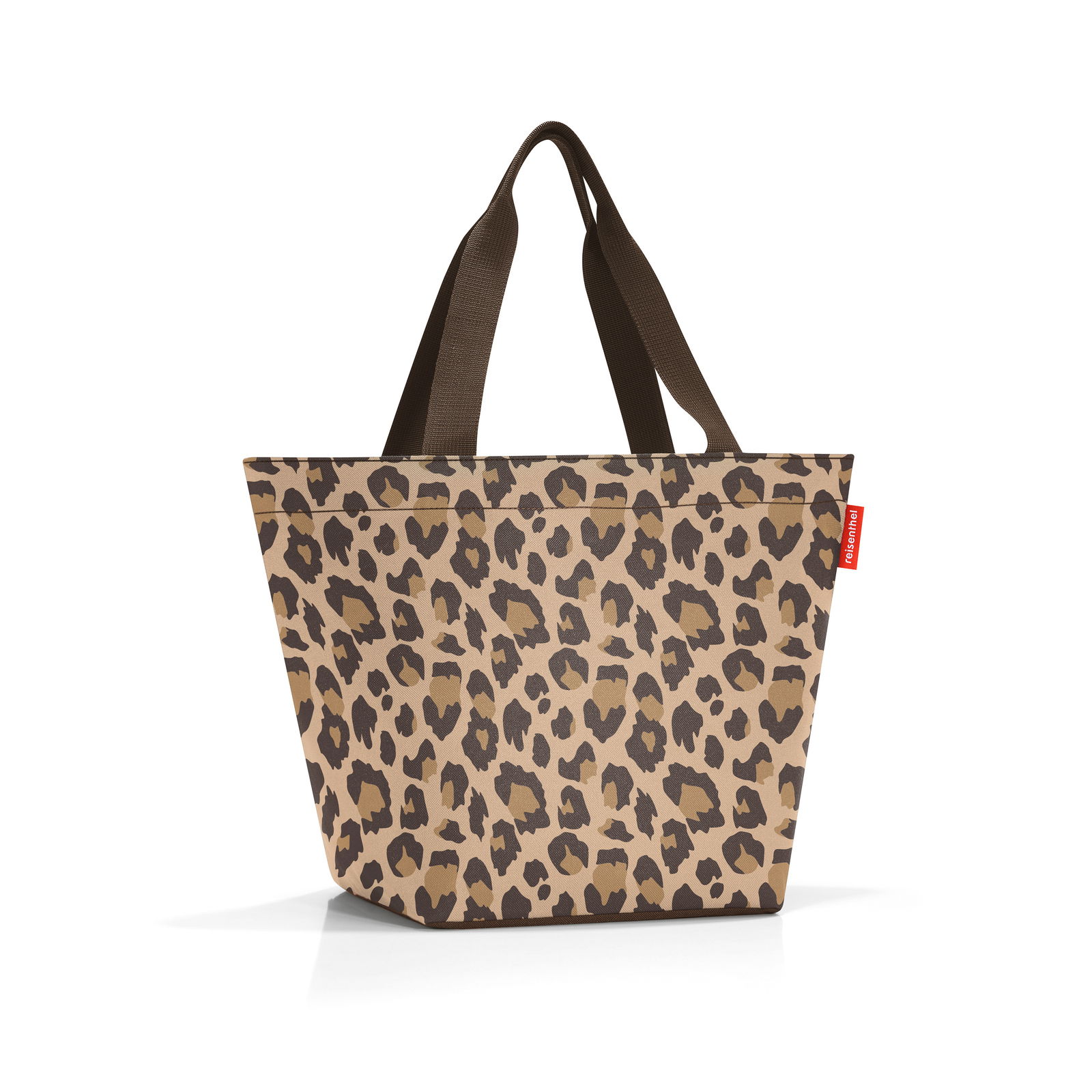 Leopardenmuster Shopper Tasche mit braunen Henkeln, seitliche Ansicht