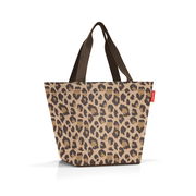 Leopardenmuster Shopper Tasche mit braunen Henkeln, seitliche Ansicht