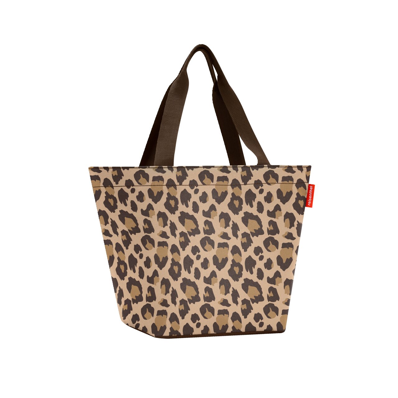 Leopardenmuster Shopper Tasche mit braunen Henkeln, seitliche Ansicht