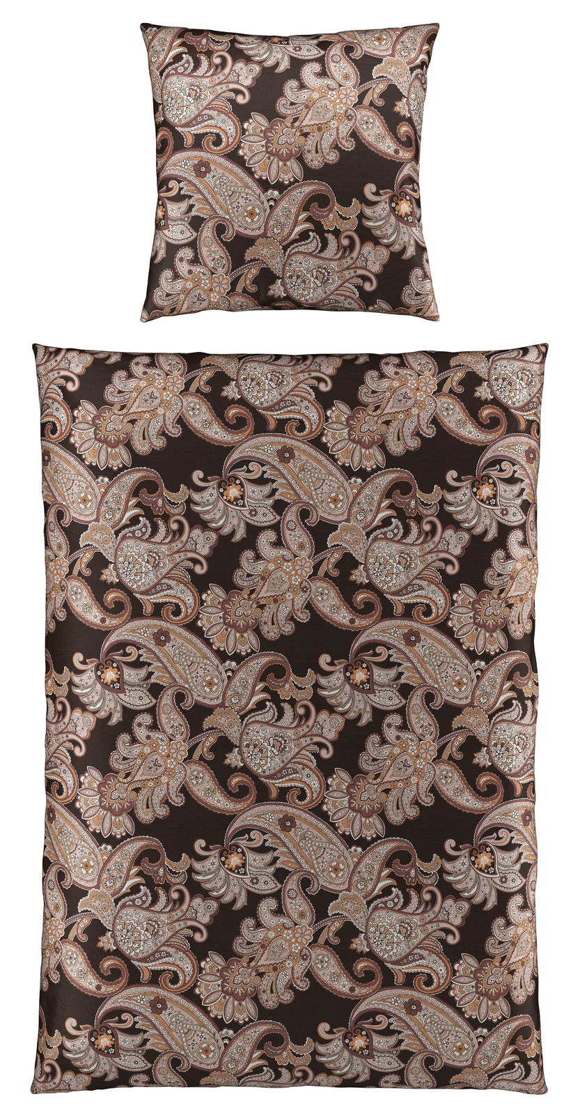 Bettwäsche-Set mit elegantem Paisley-Muster in Braun- und Beigetönen, bestehend aus einem Kissenbezug und einem Bettdeckenbezug, aus der Vogelperspektive fotografiert.