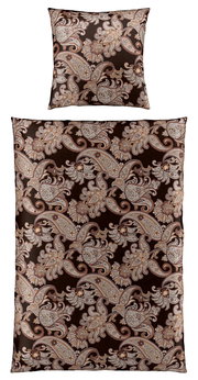 Bettwäsche-Set mit elegantem Paisley-Muster in Braun- und Beigetönen, bestehend aus einem Kissenbezug und einem Bettdeckenbezug, aus der Vogelperspektive fotografiert.