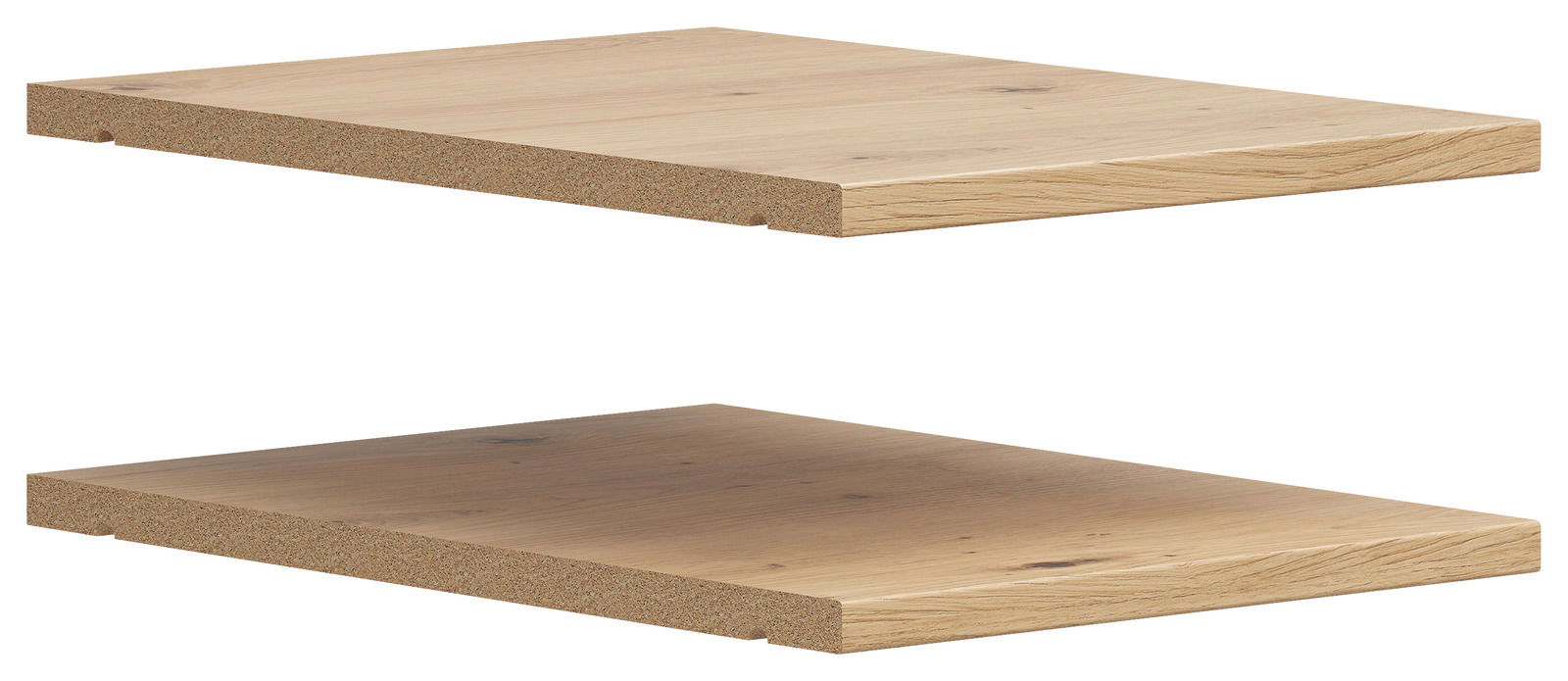 Zwei Holz-Einlegeböden in Eichenoptik, perspektivisch von der Seite betrachtet.