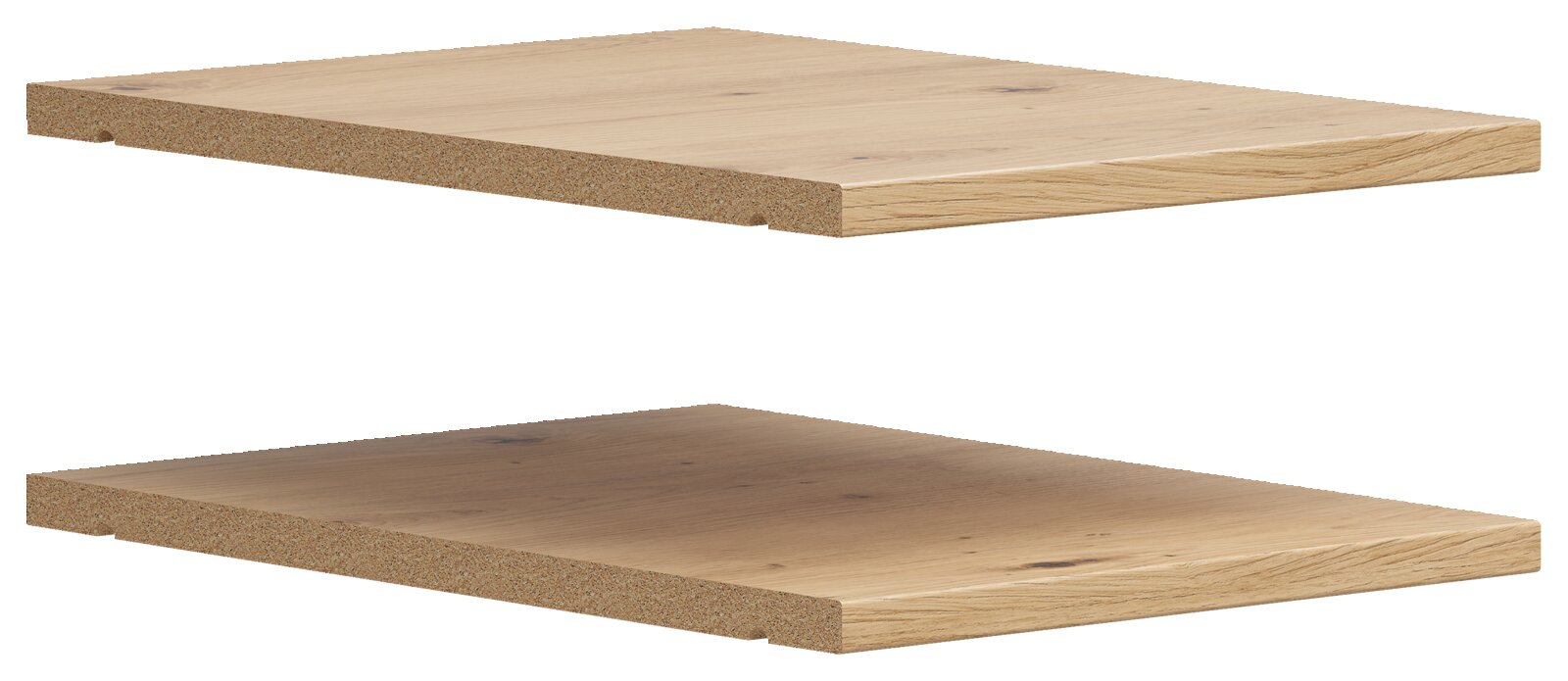 Twee houten legplanken in eikenlook, in perspectief vanaf de zijkant gezien.