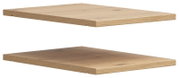 Twee houten legplanken in eikenlook, in perspectief vanaf de zijkant gezien.