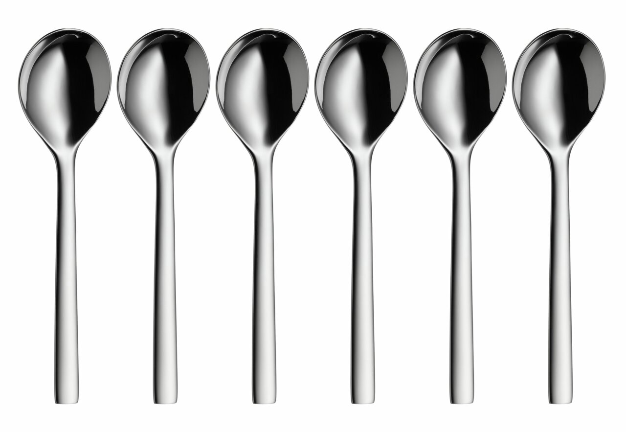 WMF Suppentassenlöffel 6er Set NUOVA Sechs glänzende Suppentassenlöffel aus Edelstahl, frontal nebeneinander angeordnet.