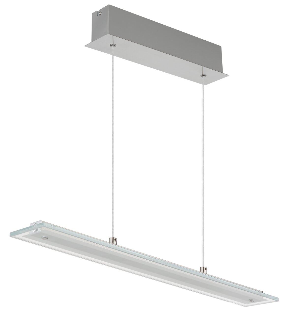 Moderne LED-Hängeleuchte in rechteckiger Form, seitliche Perspektive