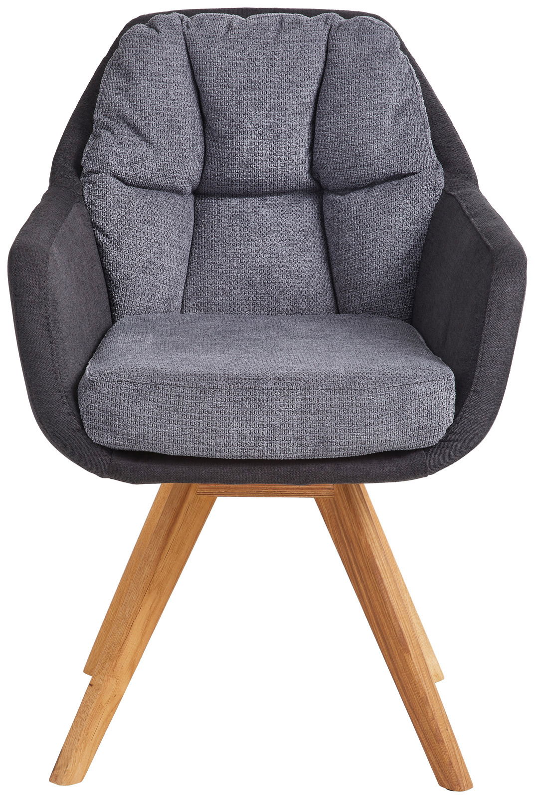 Moderner Sessel mit grauem Stoffbezug und Holzbeinen, Frontalansicht