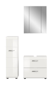 Badmöbel-Set in Weiß mit Spiegelschrank (Frontansicht), hohem Hochschrank (Frontansicht) und Waschtischunterschrank mit zwei Schubladen (Frontansicht) auf weißem Hintergrund