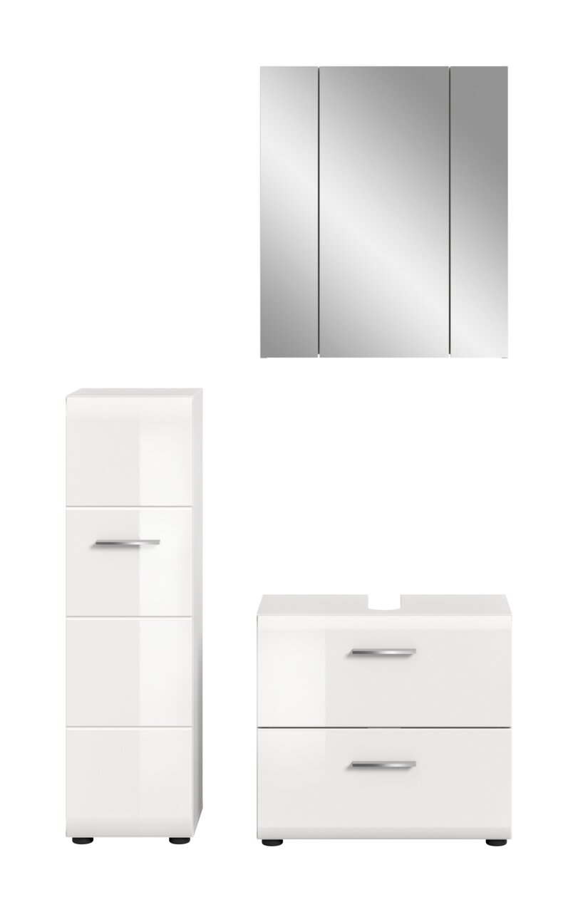 Badmöbel-Set in Weiß mit Spiegelschrank (Frontansicht), hohem Hochschrank (Frontansicht) und Waschtischunterschrank mit zwei Schubladen (Frontansicht) auf weißem Hintergrund