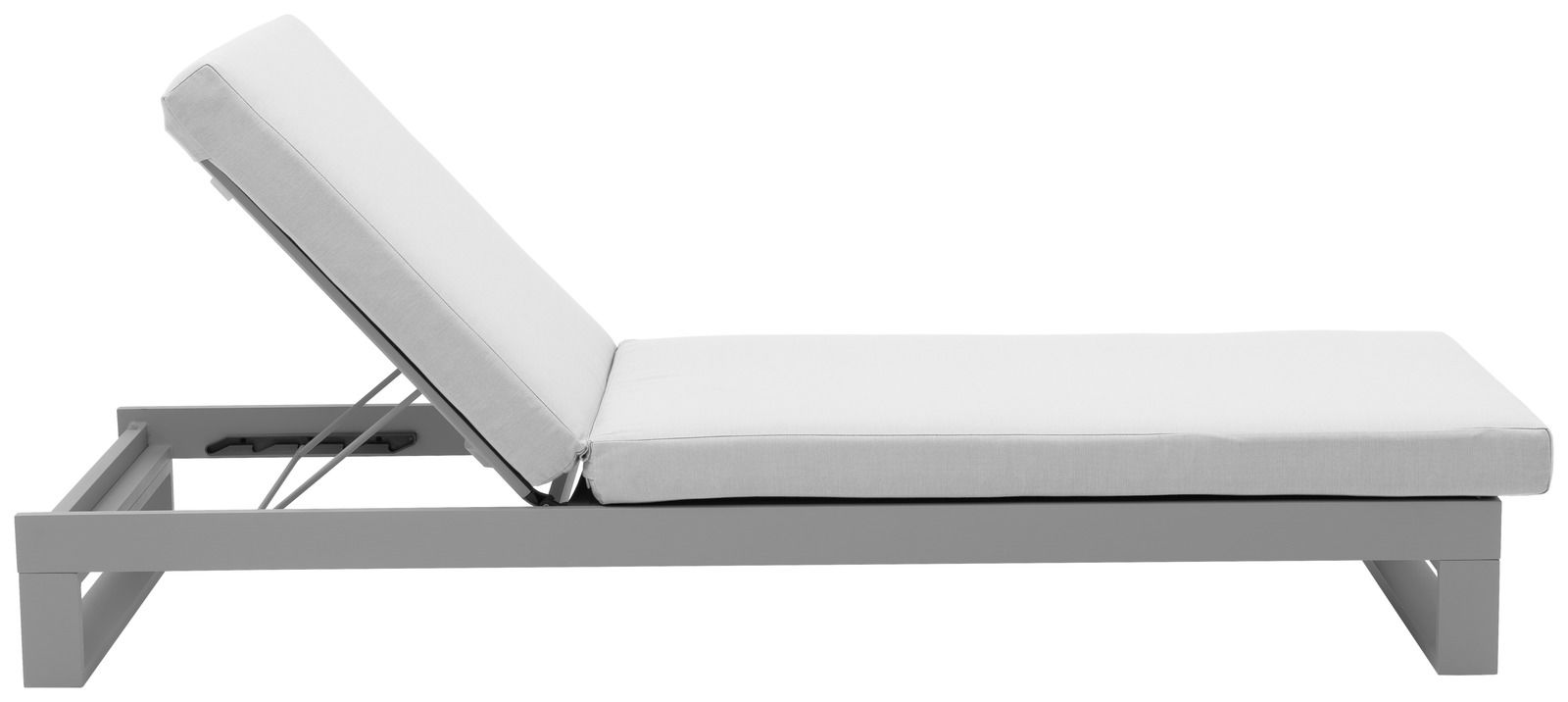 Seitliche Ansicht einer modernen, grauen Sonnenliege mit verstellbarer Rückenlehne und weißem Polster.