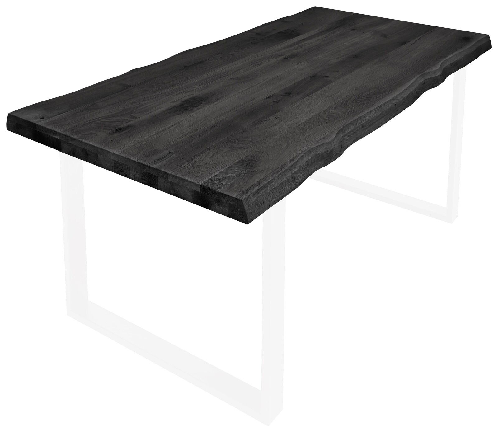 Dunkle Tischplatte mit natürlicher Kantenform, perspektivisch von schräg oben fotografiert.