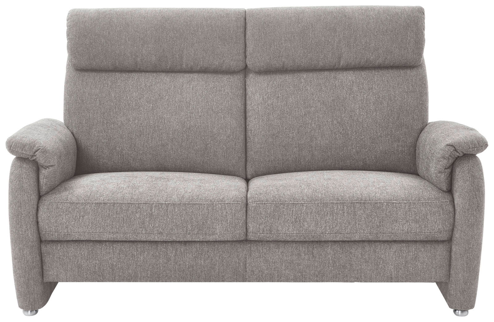 Graues 2,5-Sitzer Sofa in Frontalansicht mit gepolsterten Armlehnen und Rückenlehne.