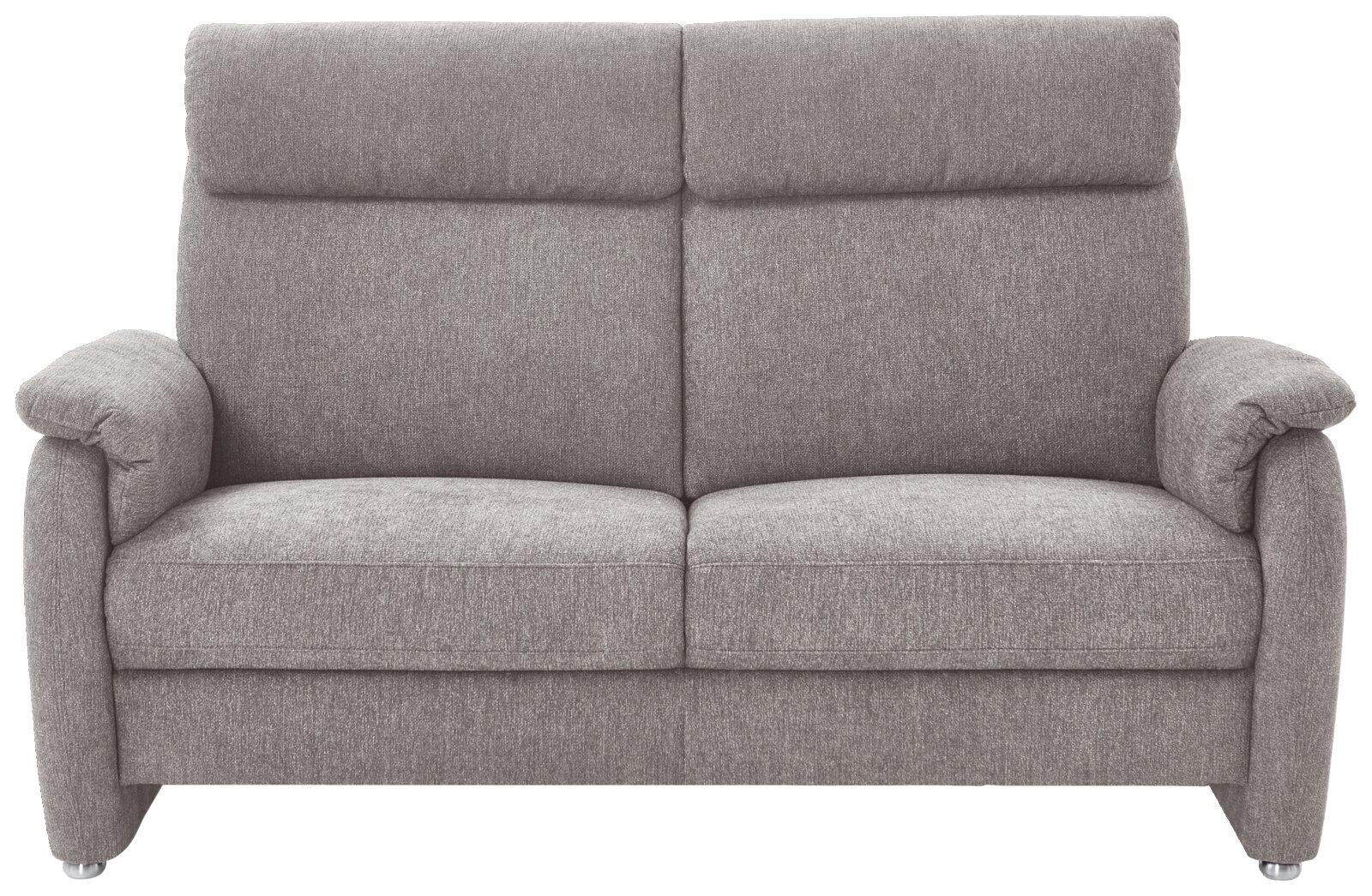 Graues 2,5-Sitzer Sofa in Frontalansicht mit gepolsterten Armlehnen und Rückenlehne.