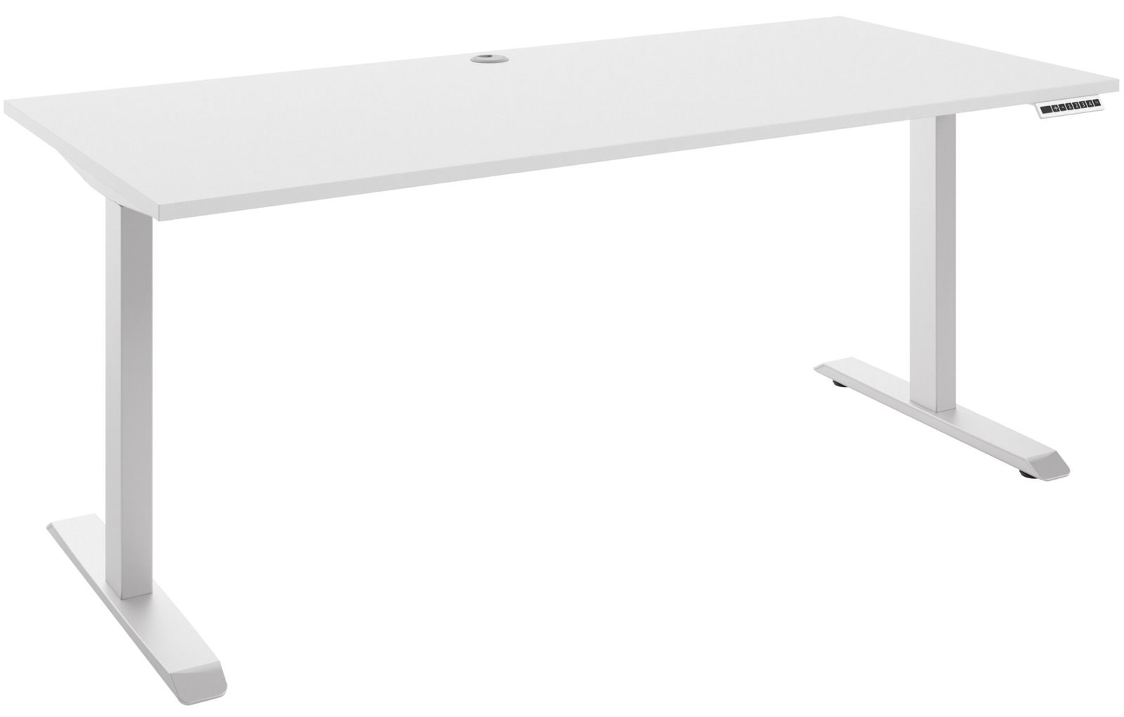 Moderner weißer E-Schreibtisch mit rechteckiger Tischplatte und zwei stabilen T-Füßen, seitliche Perspektive