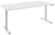 Moderner weißer E-Schreibtisch mit rechteckiger Tischplatte und zwei stabilen T-Füßen, seitliche Perspektive