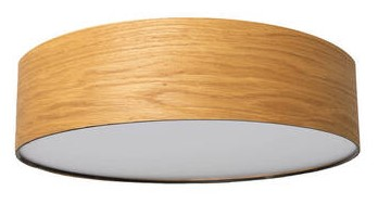 Runde Deckenleuchte mit Holzoptik, seitliche Perspektive