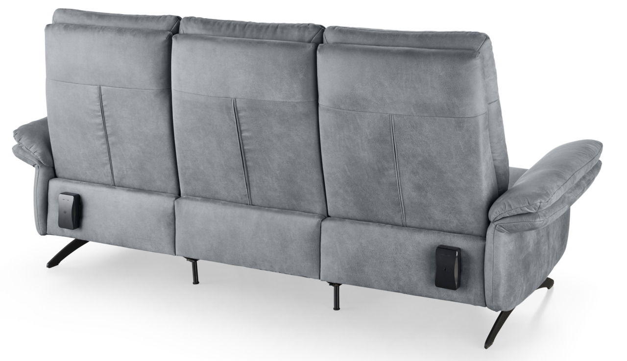 Rückansicht einer grauen Sofakombination mit drei Sitzen, Modell Musterring Sofa MR 300, mit verstellbaren Armlehnen und schlanken Metallfüßen.