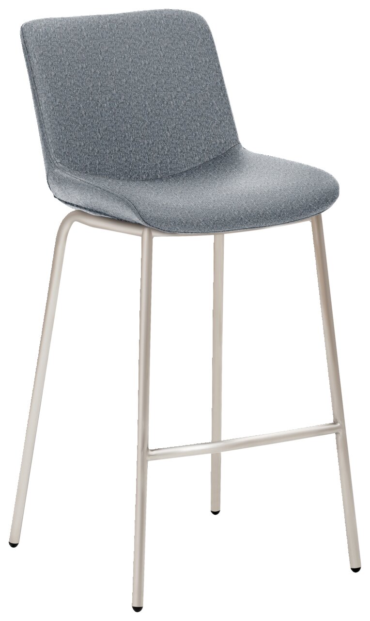 Moderne barkruk met grijze stoffen bekleding en wit metalen frame, zijaanzicht