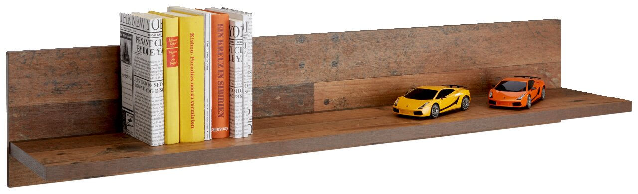 Holz-Wandboard mit Büchern und Spielzeugautos, seitliche Perspektive