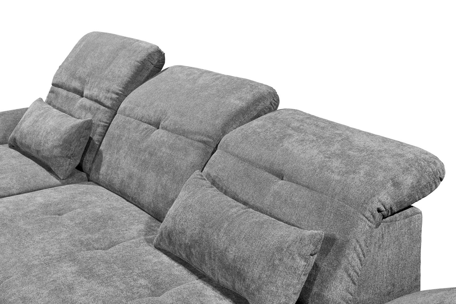 Graues Sofa mit verstellbaren Kopfstützen und Kissen, seitliche Perspektive