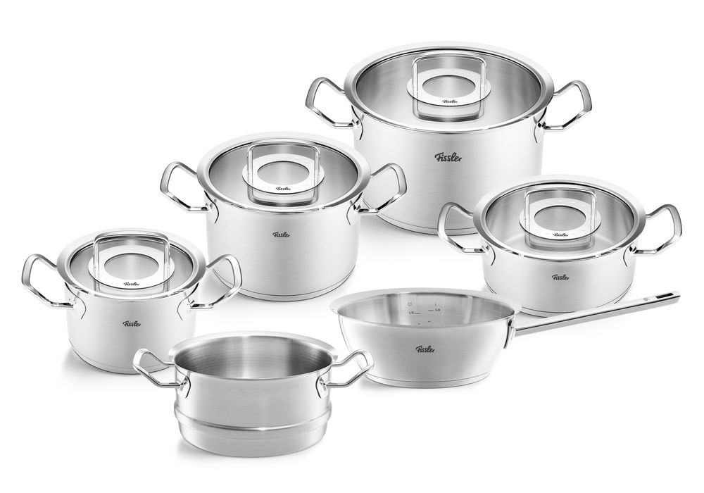 Fissler Topfset 6-tlg. ORIGINAL PROFI COLLECTI Sechsteiliges Topfset aus Edelstahl mit Glasdeckeln, seitliche Perspektive