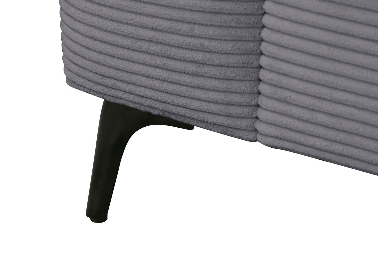 Nahaufnahme eines grauen Funktionssofas mit geripptem Stoffbezug und schwarzem Metallfuß, seitliche Perspektive