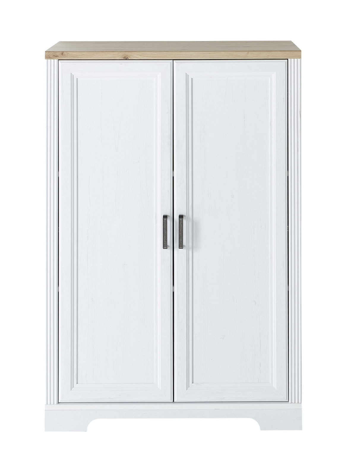 Weißer Aktenschrank der Serie JUDITH mit zwei Türen und Holzplatte, Frontalansicht