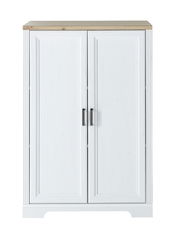 Weißer Aktenschrank der Serie JUDITH mit zwei Türen und Holzplatte, Frontalansicht