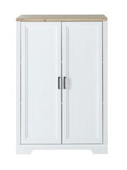 Weißer Aktenschrank der Serie JUDITH mit zwei Türen und Holzplatte, Frontalansicht