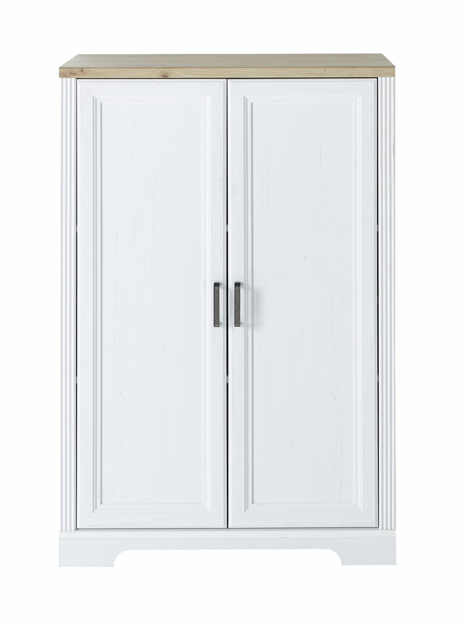 Weißer Aktenschrank der Serie JUDITH mit zwei Türen und Holzplatte, Frontalansicht
