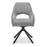 Grauer Armlehnstuhl mit modernem Design, frontal betrachtet, auf schwarzem Metallgestell.