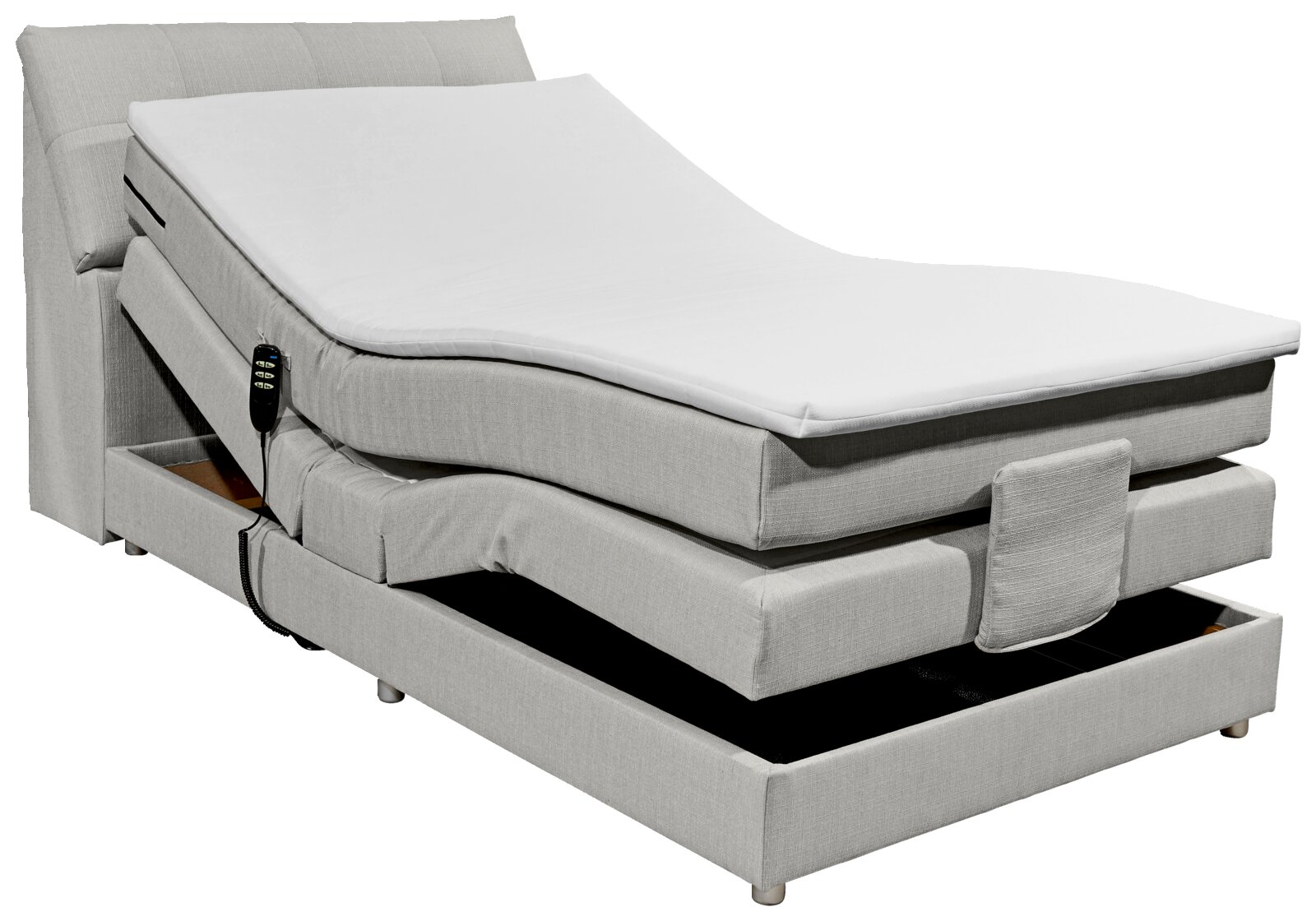 Boxspringbett mit verstellbarem Kopf- und Fußteil, seitliche Perspektive