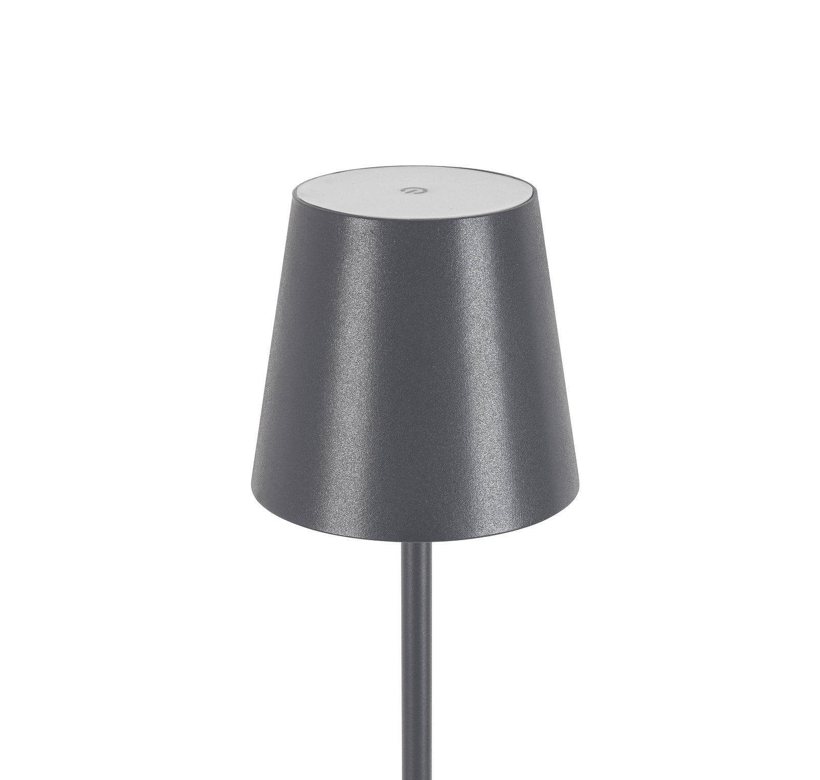 Graue Akku-Stehleuchte aus seitlicher Perspektive mit konischem Lampenschirm.