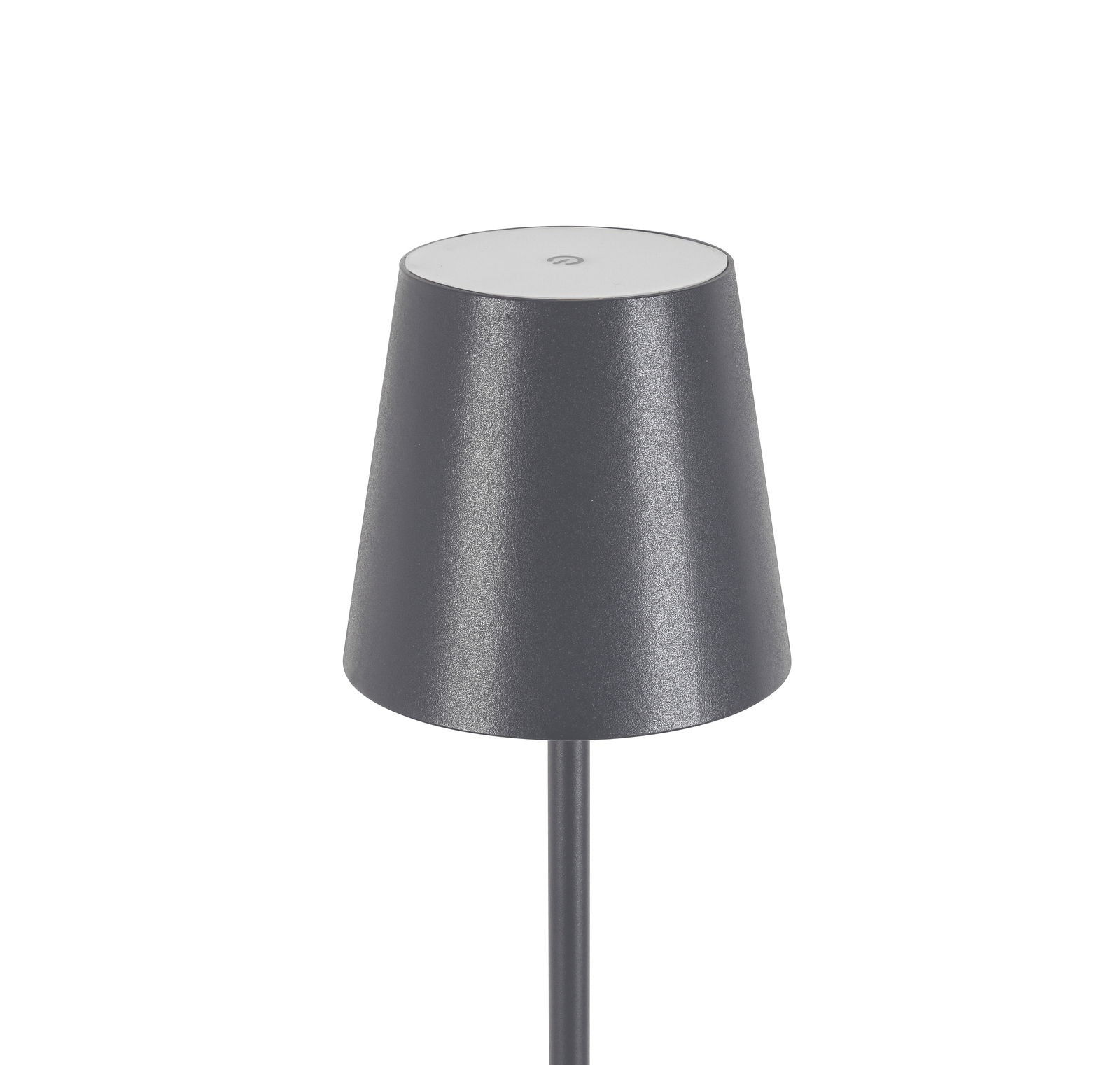 Graue Akku-Stehleuchte aus seitlicher Perspektive mit konischem Lampenschirm.