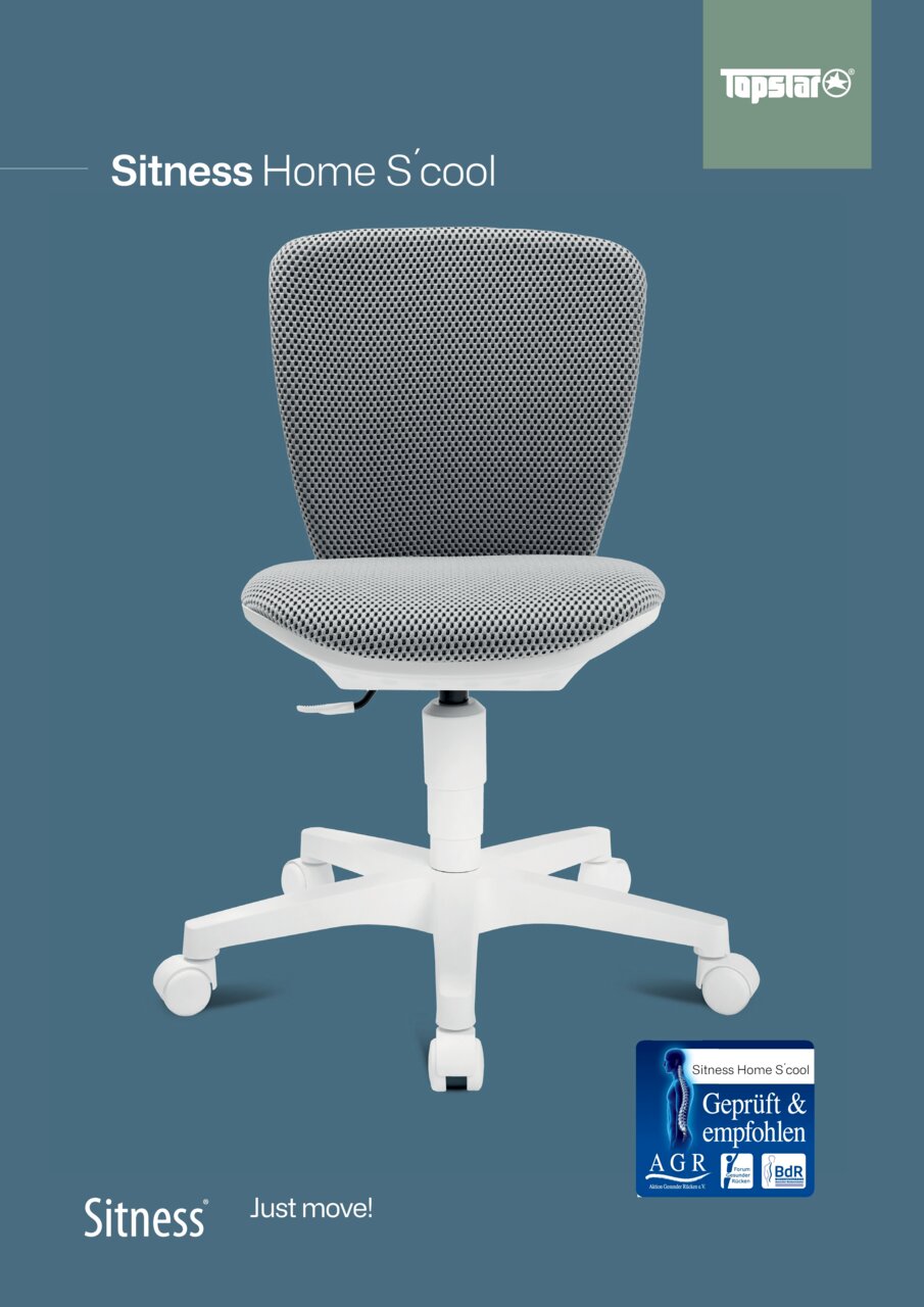 Frontalansicht eines modernen Kinder- und Jugenddrehstuhls mit grauem Netzbezug und weißem Gestell auf blauem Hintergrund.