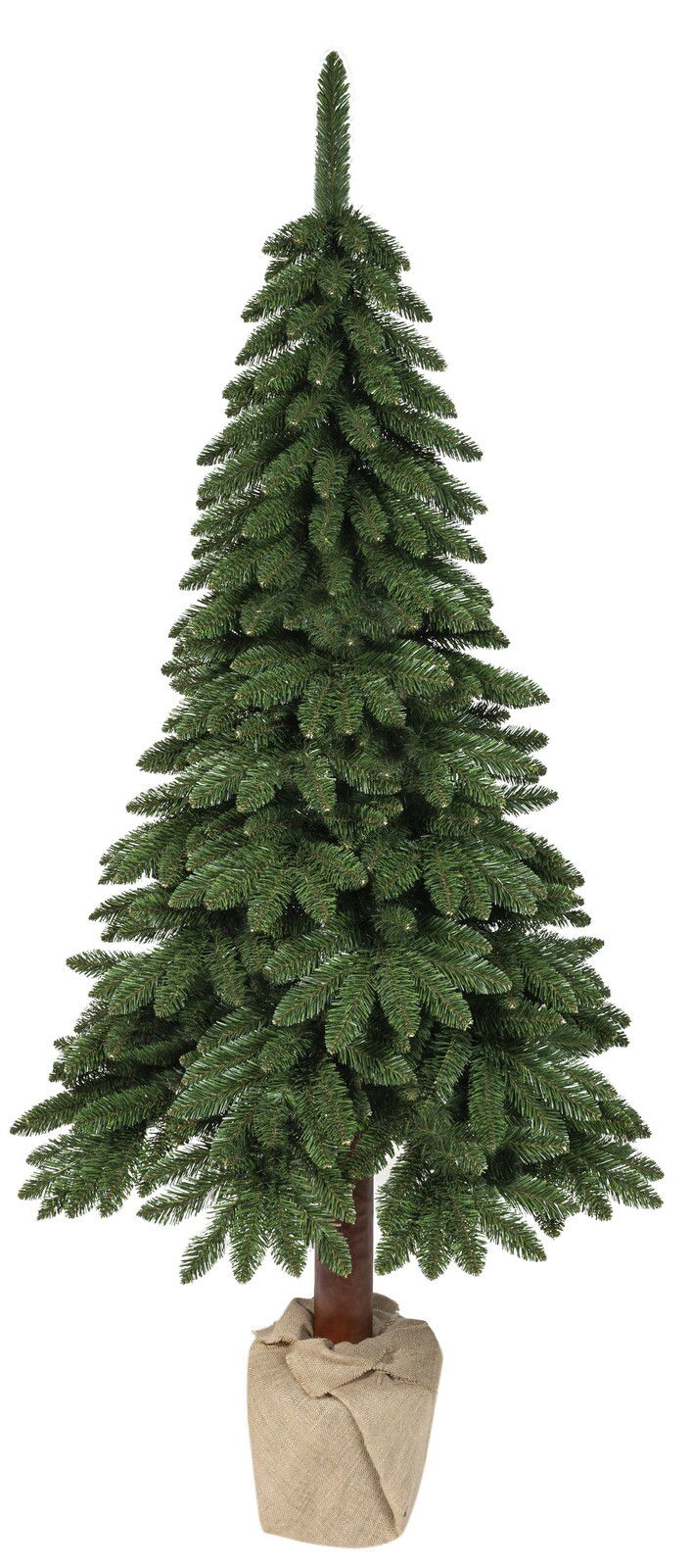 Künstlicher Tannenbaum Tora Kiefer, 210 cm hoch, in einem Jutesack, frontal fotografiert.