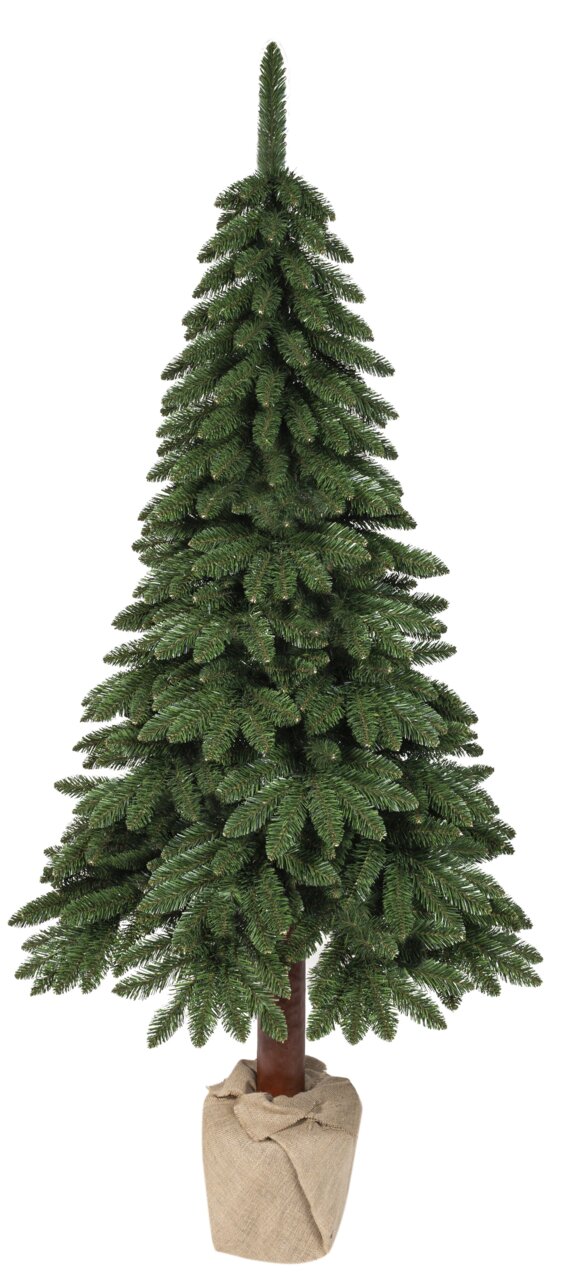 Künstlicher Tannenbaum Tora Kiefer, 210 cm hoch, in einem Jutesack, frontal fotografiert.