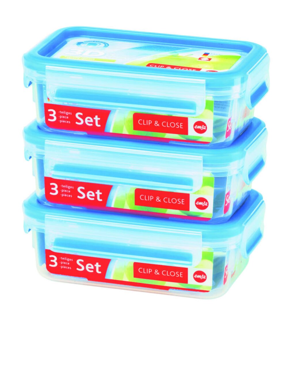 Emsa 3er Dose CLIP & CLOSE 0,55 L Dreiteiliges Set von CLIP & CLOSE Frischhaltedosen, stapelbar, mit blauen Deckeln, seitliche Perspektive