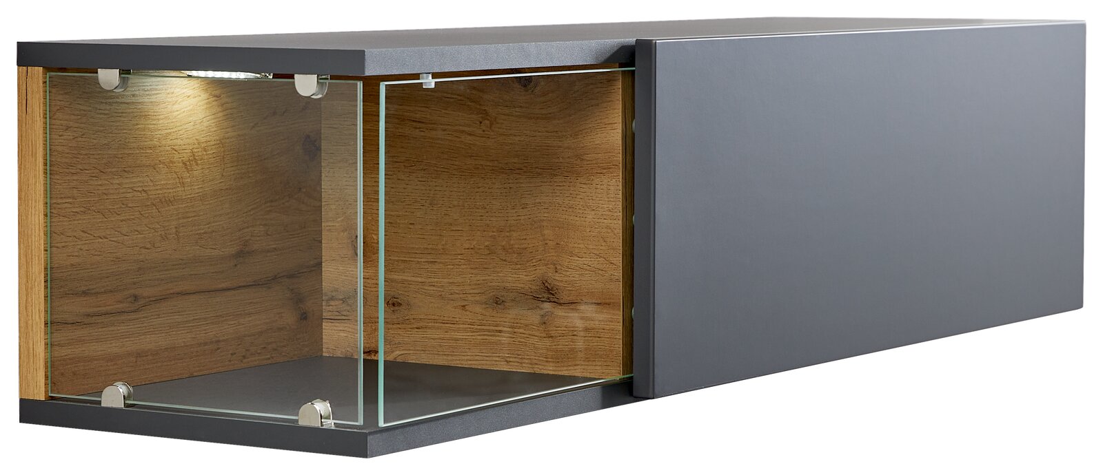 TV-Lowboard-Kombination mit Glasvitrine und Holzrückwand, seitliche Perspektive