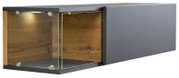 TV-Lowboard-Kombination mit Glasvitrine und Holzrückwand, seitliche Perspektive