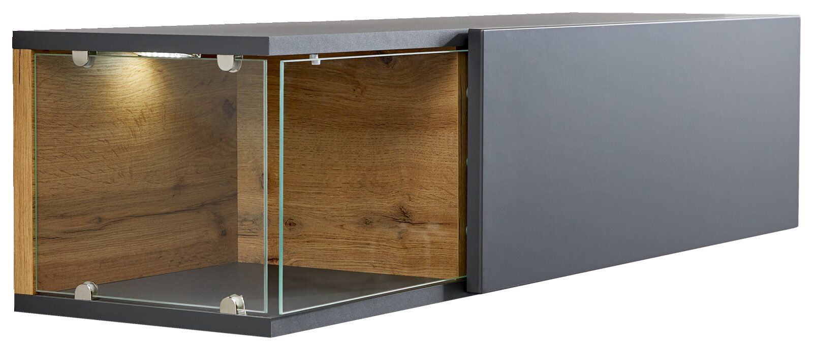 TV-Lowboard-Kombination mit Glasvitrine und Holzrückwand, seitliche Perspektive