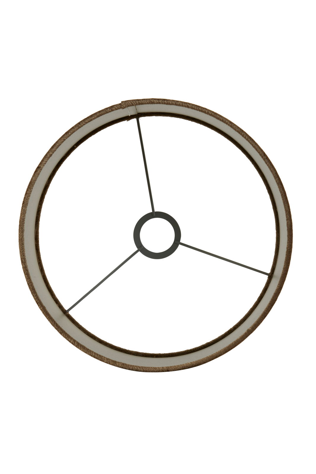 Draufsicht auf einen runden Lampenschirm mit Metallstreben, Zylinderform, brauner Rand.
