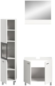 Badkombination BOSTON bestehend aus einem hohen Schrank mit Glastür, einem Unterschrank mit zwei Türen und einem Wandspiegel, frontal abgebildet.