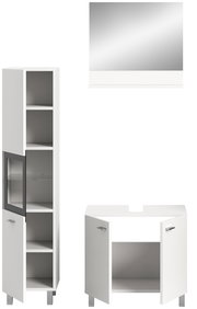 Badkombination BOSTON bestehend aus einem hohen Schrank mit Glastür, einem Unterschrank mit zwei Türen und einem Wandspiegel, frontal abgebildet.